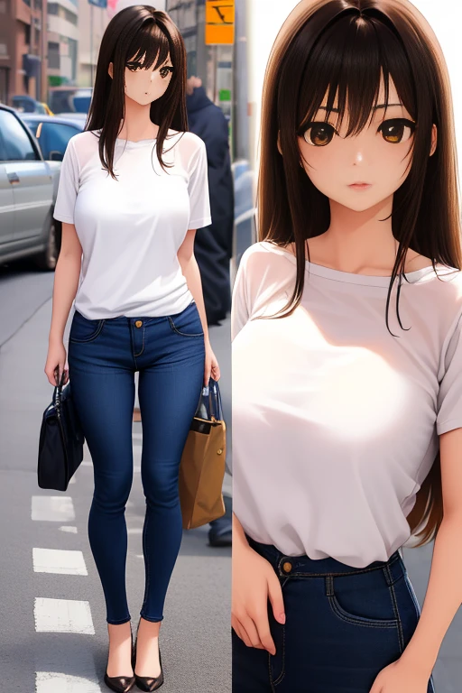 Kotegawayui, Yui Kotegawa, Black hair, (Brown eyes:1.5), Long hair,well-drawn hands, well-drawn legs, well-drawn feet,Oversized shirt,skinny pants,pin heels,In the street,BREAK (masutepiece:1.2), Best Quality, High resolution, Unity 8k壁纸, (Illustration:0.8), (Beautiful detailed eyes:1.6), extra detailed face, Perfect Lighting, extremely details CG, (Perfect hands, Perfect Anatomy),