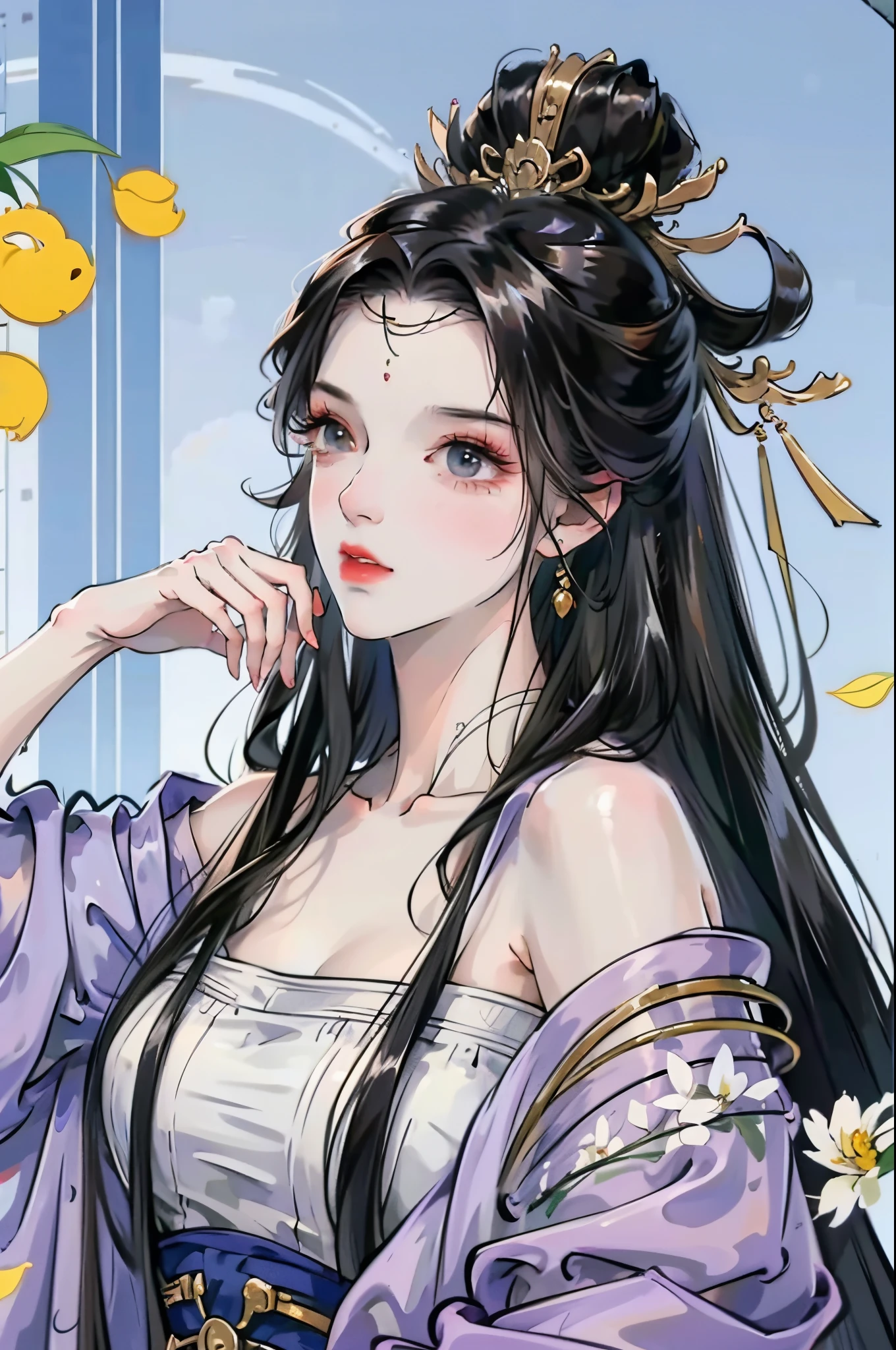 ((Best quality, 超高分辨率, ultra-clear)), (((1 girl))),(cabelos preto e longos), game fairy, lotus leaf fairy, Hanfu, yarn, flowing gauze, jewely, (focal), (((Colorful))), particle effect , tmasterpiece, Best quality, beautiful painted, meticuloso, The  very detailed, (tmasterpiece, Best quality） CG unified 8K wallpaper，tmasterpiece，Best quality at best，ultra - detailed), Decisive cuts, ultra HD picture quality，Clear face，good looking hand