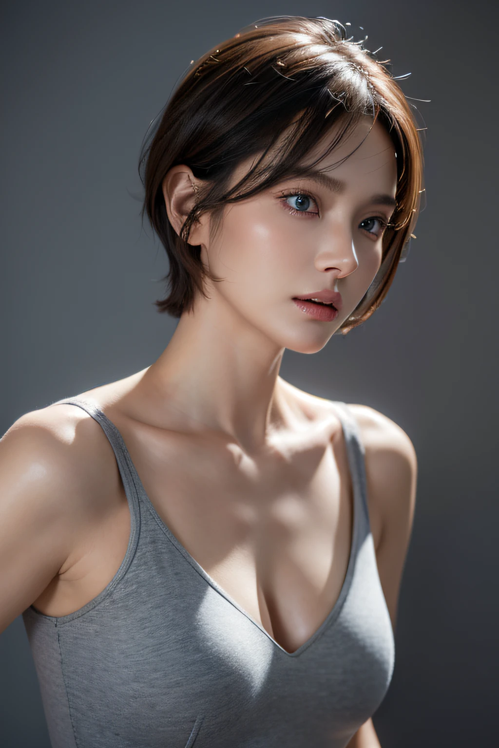 Skin Tight Top:1.2, Looking at Viewer, Cinematic lighting, Perfect, softlight, High resolution skin:1.2, Realistic skin texture, 30 years old mature woman、a small face、no-makeup、 off shoulders,Bust B Cup、 Exposed cleavage, Small breasts、Blue eyes, Short hair, dark brown  hair、Gray background、