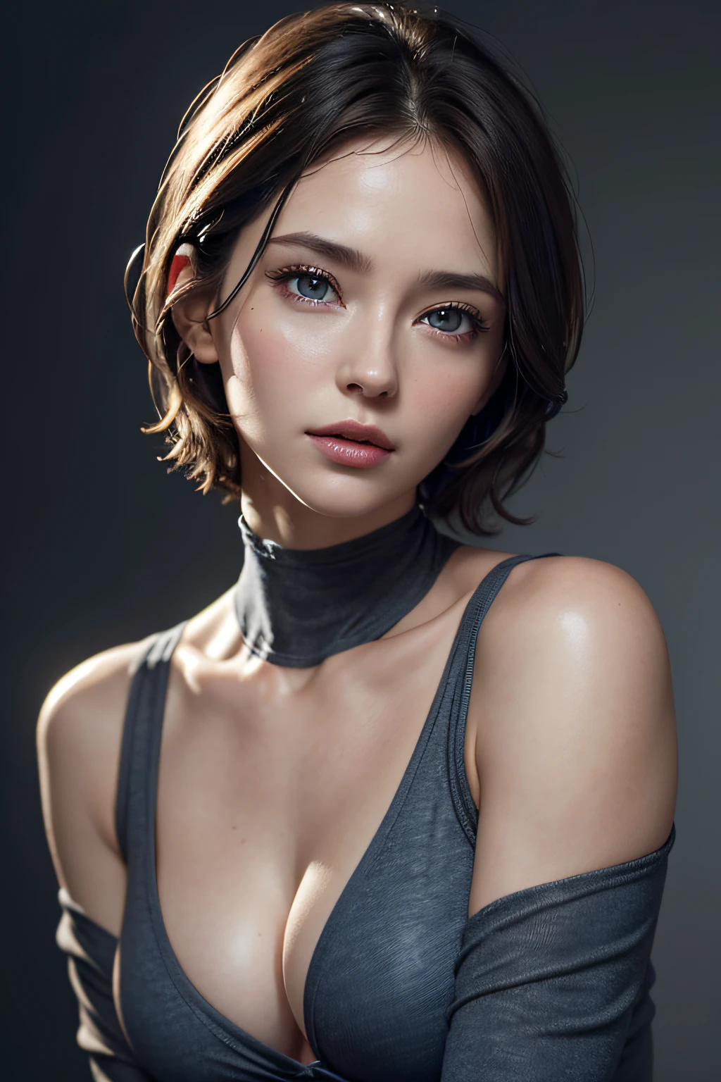 Skin Tight Top:1.2, Looking at Viewer, Cinematic lighting, Perfect, softlight, High resolution skin:1.2, Realistic skin texture, 30 years old mature woman、a small face、no-makeup、 off shoulders,Bust B Cup、 Exposed cleavage, Small breasts、Blue eyes, Short hair, dark brown hair、Gray background、