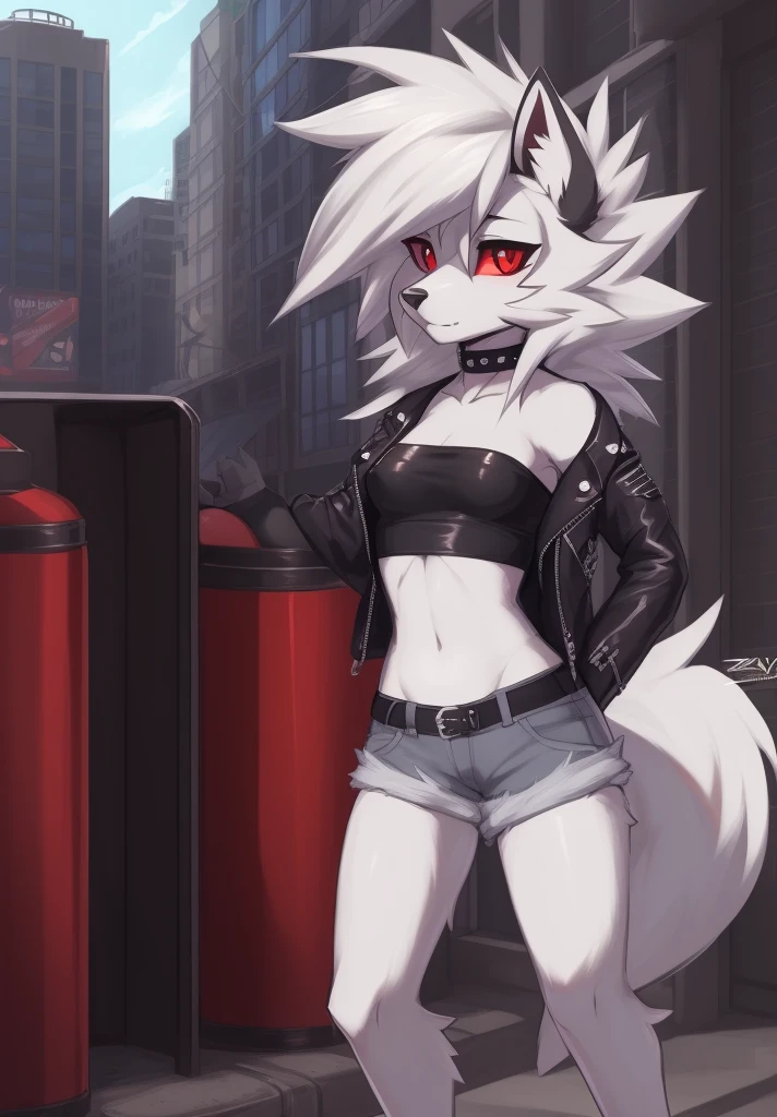 zackary911, by zackary911, anthro, lycanroc, hellhound, ((dark grey fur)), female, solo, 1woman, ((very small breasts)), ((tiny breasts)), denim shorts, ((tube top)), ((leather jacket)), husky tail, ((shaggy hair)), ((white hair)), on e621, choker, leather collar, detailed body, finely detailed eyes, finely detailed paws, punk style, female focus, ((nipple bump)), ((dark grey belly)), city street scene, red sclera, white pupils, digitigrade legs,