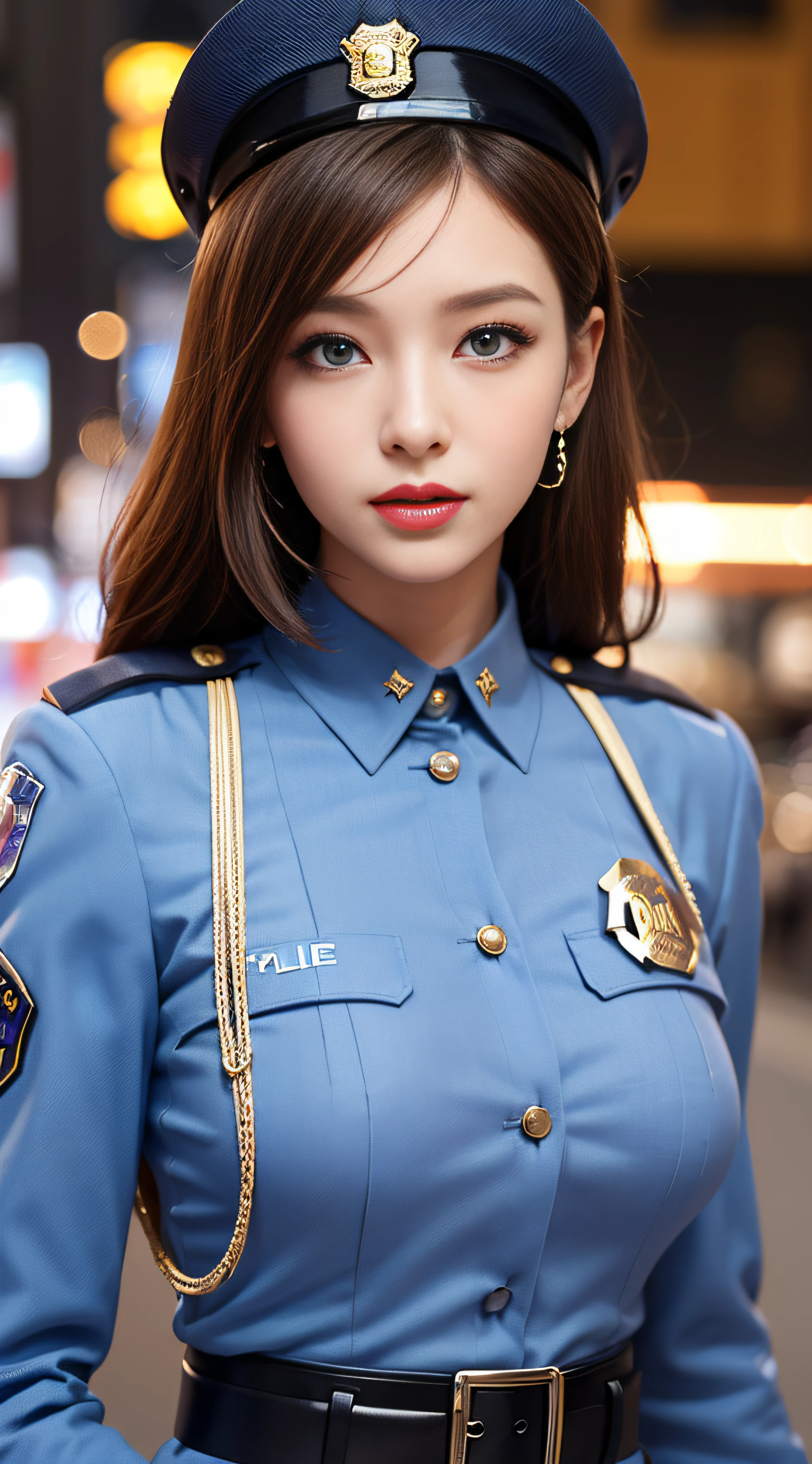 top-quality、hight resolution、ultra-detailliert、​masterpiece、Raw photography:2、realisitic:2、Photorealsitic:2、extremely delicate and beautiful、finely detail、 1womanl、(Super beautiful)、(beauitful face:1.5)、(A detailed face:1.5)、gala k-up、(lip stick:1.1)、(eye line:1.2)、mascara、eyeshadows、glamor、blue eyess、(Blonde and brown hair)、Wavy Hair、asymmetrical bangs、(new york police uniform:1.5)、city street at night、cowboy  shot