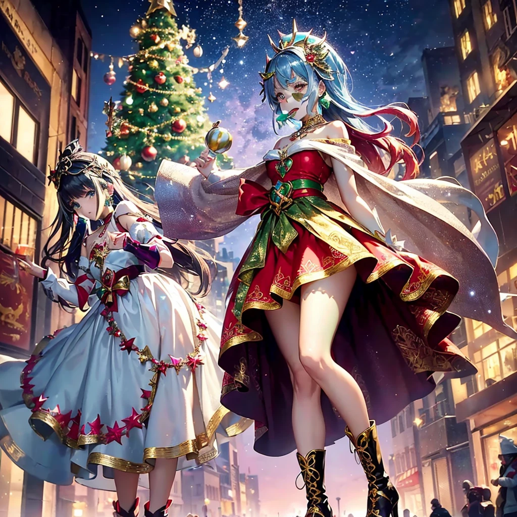 2 girls are magical wizards, Dynamic action, trick angle art, (The face and appearance are different and asymmetrical:1.4), (Main theme Magical Girl Wars:1.3), Whimsical Magical Girl Enchantress, Layered dress imitating magical gift branches, Ornaments and baubles as decorative accents, Create a magical touch with metallic or sparkly fabrics, Add contrast with a tinsel belt that tightens your waist, Ornamental earrings and necklaces to create a festive atmosphere, Strappy heels or boots in metallic shades, A headpiece reminiscent of a Christmas gift topper, Hair decorated with fake garlands and small ornaments, Glittering makeup with red and green color (background over the city in the air:1.2)