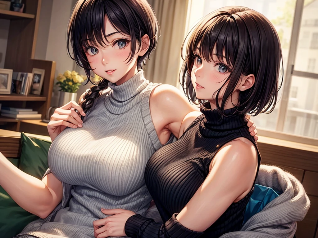 masterpiece, Highest quality, One girl, short ponytail、black hair、virgin killer sweater, (sweater dress:1.2), ribbed sweater,sideboob,cleavage cutout, turtleneck sweater,(broen sweater:1.3),(crop top navel:0.8)、sleeveless,gentle smile、Very sexy、upper body,from front,huge breasts