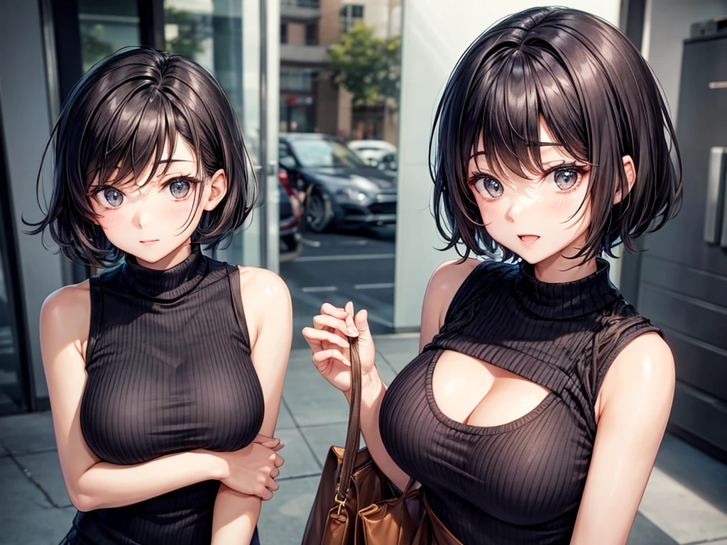 Sleeveless knitwear,32-year-old woman,A dark-haired,Shorthair,Emphasis on the chest,1人の女性