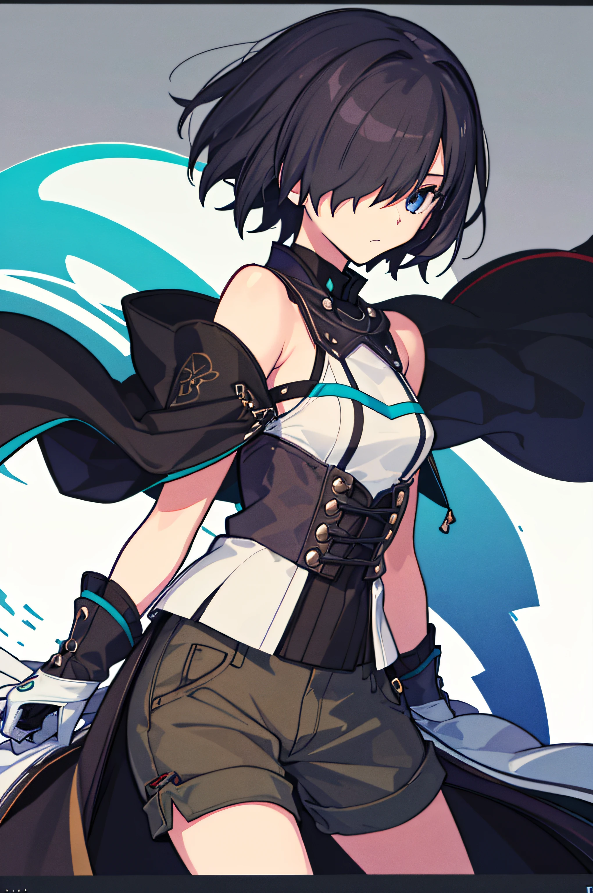 superfine illustration,1girl in,((simple background)),Hair over one eye,Standing,Tachi-e,Cowboy Shot,Black hair,Brown shorts,Black Gloves,Sleeveless,Short hair,Black Cape