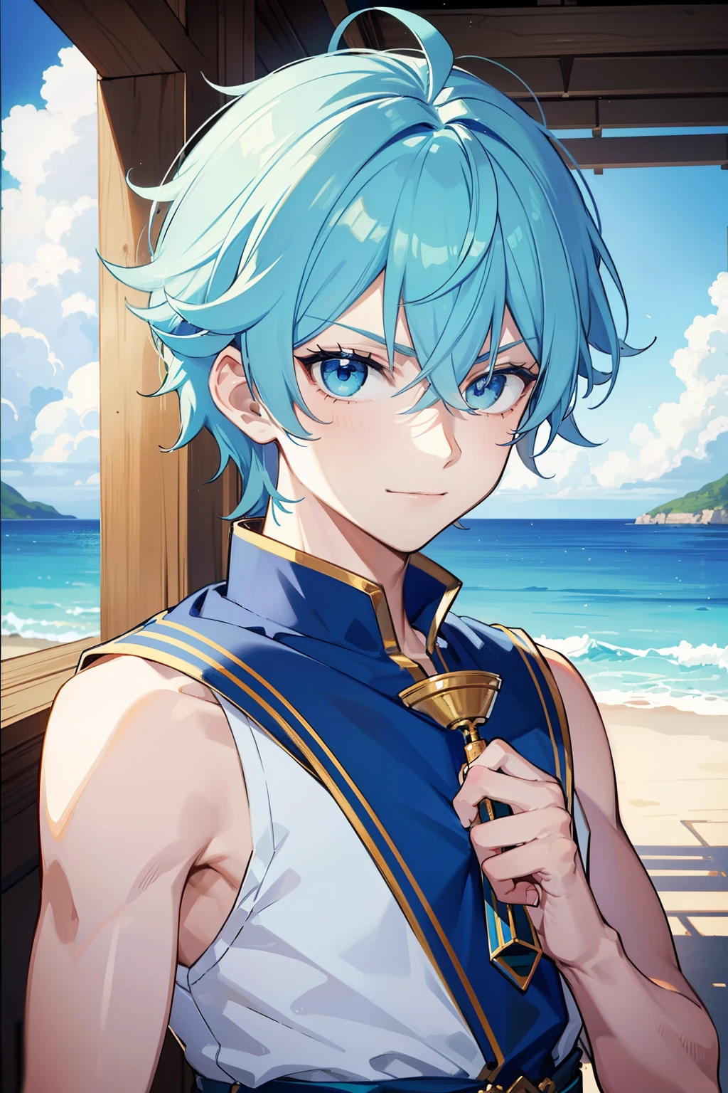 (high-quality, breathtaking),(expressive eyes, perfect face) 1boy, male, solo, young adult , light blue hair, green coloured eyes, stylised hair, gentle smile, medium length hair, loose hair, side bangs, curley hair, really spiky hair, spiked up hair, looking at viewer, portrait, ancient greek clothes, blue tunic, white Chlamys, sleeveless, greek, blue and gold sash, ocean background, laurel accessory, slightly narrow eyes, masculine face, masculine eyes