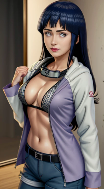 master part, High definition, alta qualidade, rosto detalhado, Detailed body rendering, 1girl, sozinho, Hinata Hinata, Hinata roupa sem mangas,quarto,, camisa sem mangas, clothing with fishing net, Dark lips, unzipped jacket, no-bra, seios para fora,, Standing, corar, (no quarto)