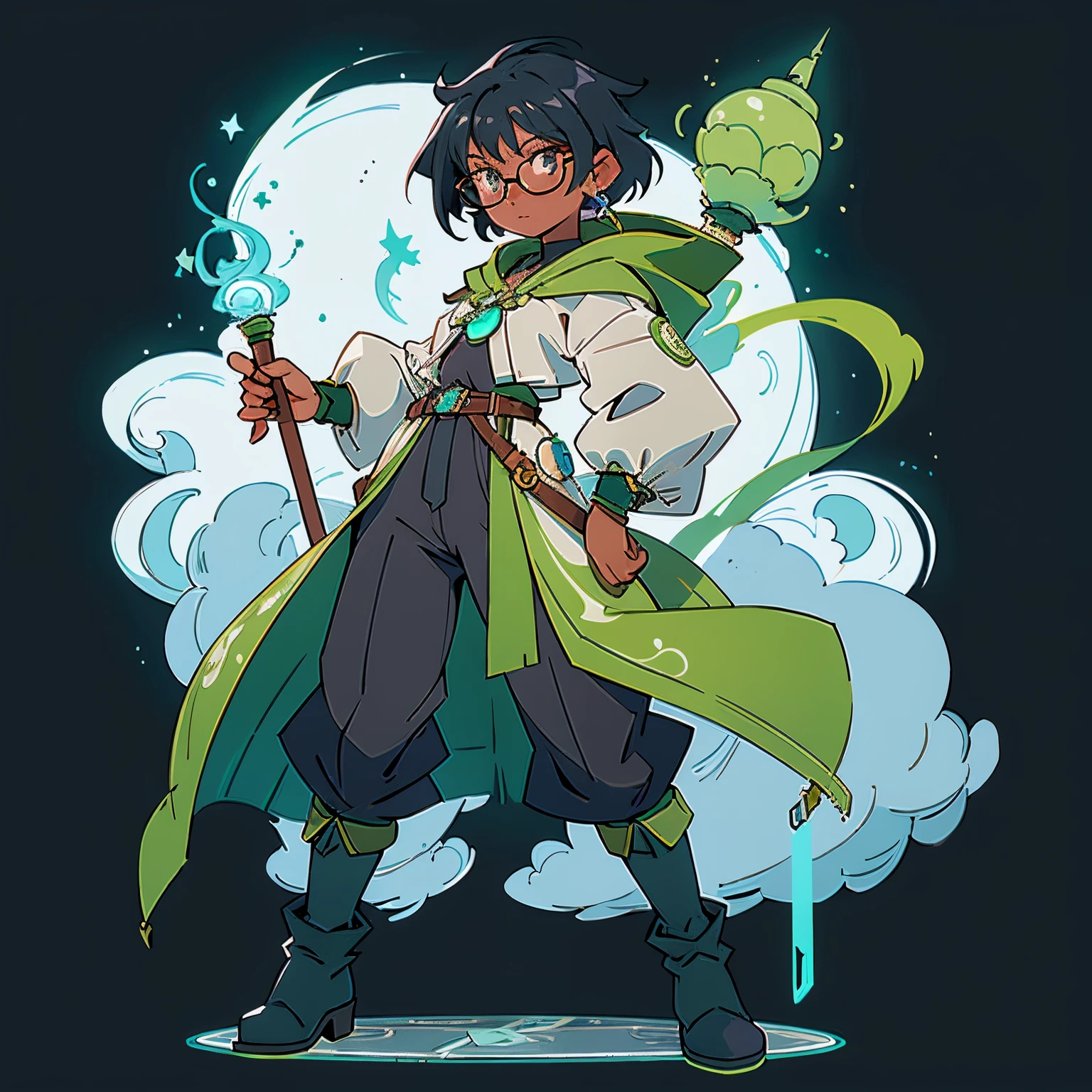 Black hair, dark skinned, tanned, girl, glasses, full body, magic, short hair, green tunic with magical symbols, black trousers, blue starlight cloak, boots, pendant, white background, static pose