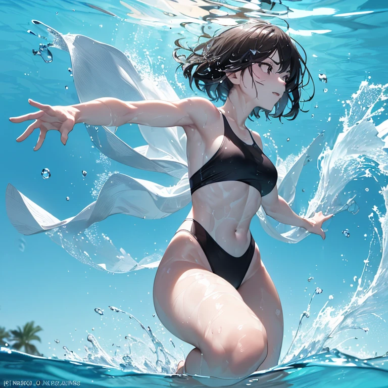 pale man with black eyes, short messy black hair, squinted eyes, wearing swimwear, (best quality, 4k, highres), ultra-detailed, realistic:1.37, vibrant colors, (swimming pools), (water reflections), (bright sunlight), (ripples in the water), (glistening droplets on skin), (rippling muscles), (sun-kissed skin), (determined expression), (athletic build), (water splashes), (sharp focus on facial features), (captivating gaze), (serious demeanor), (dynamic pose), (rippling water surface), (streamlined body), (subtle shadows), (sleek swimwear design), (focused glare), (intense concentration), (poolside atmosphere), (serene and calm ambiance), (crisp and clear details), (energetic and powerful movements), (relaxed and confident posture), (joyful and refreshing vibe), (invigorating water surroundings), (sunlit poolside paradise), (dazzling water reflections), (underwater perspective), (compelling visual depth), (highly realistic rendering), (vivid underwater scenery).