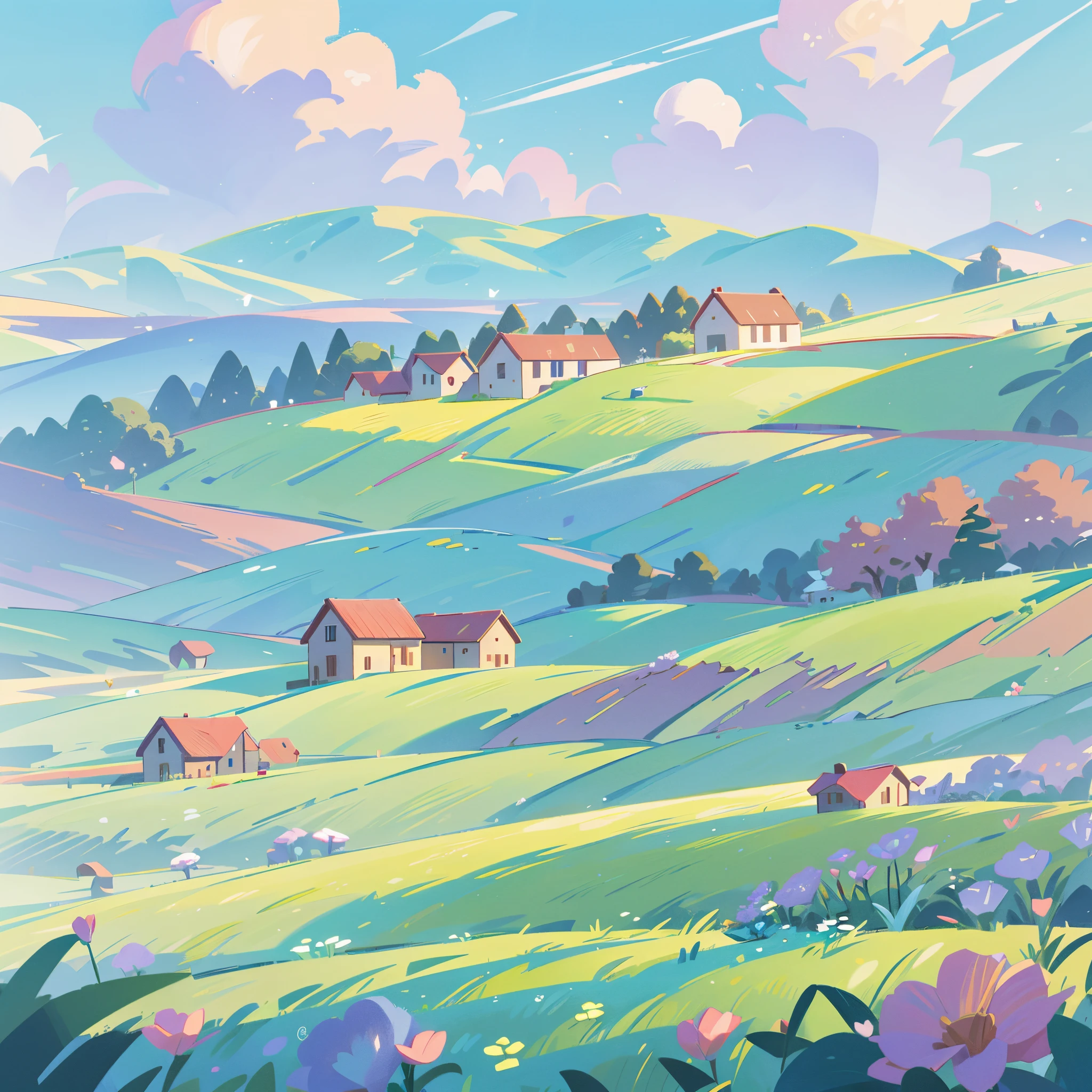 countryside, field, meadow, crop fields, multiple types of flowers and plants, ((farmhouse)), masterpiece, best quality, sharp focus, intricate details, perfection, golden ratio composition, 8k resolution, high resolution, beautiful, beautiful sky, vibrant pastel colors, bright colors