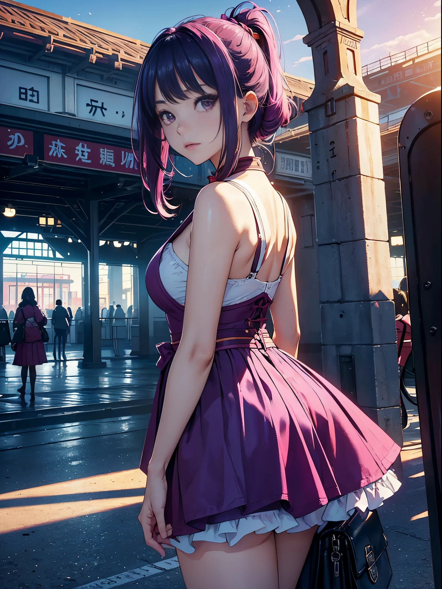 magenta tint、vibrant with colors、((tmasterpiece)))、(((quality)))、((ultra - detailed))、(Surreal)、(Very detailed CG illustration)、offcial art、CD cover、It will be、midsummer、The glorious 1980s、Cool beauty、cochetti gorgeous、incomparable beauty、Hair color、jaqueta de couro、Superskirt、Women only、Look at the audience,perfect angle、Perfectcomposition、(twilight,Train station,trainleeing),