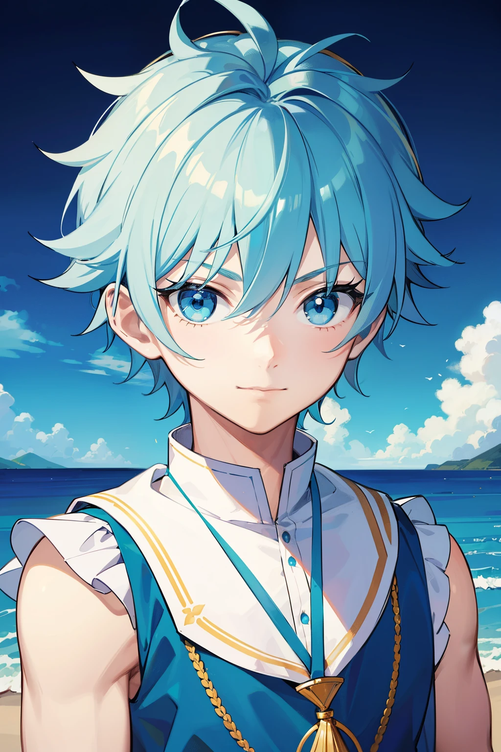 (high-quality, breathtaking),(expressive eyes, perfect face) 1boy, male, solo, toddler, small, young ???, light blue hair, green coloured eyes, stylised hair, gentle smile, medium length hair, loose hair, side bangs, curley hair, really spiky hair, spiked up hair, looking at viewer, portrait, ancient greek clothes, blue tunic, white Chlamys, sleeveless, greek, blue and gold sash, ocean background, laurel accessory, slightly narrow eyes, masculine face, masculine eyes