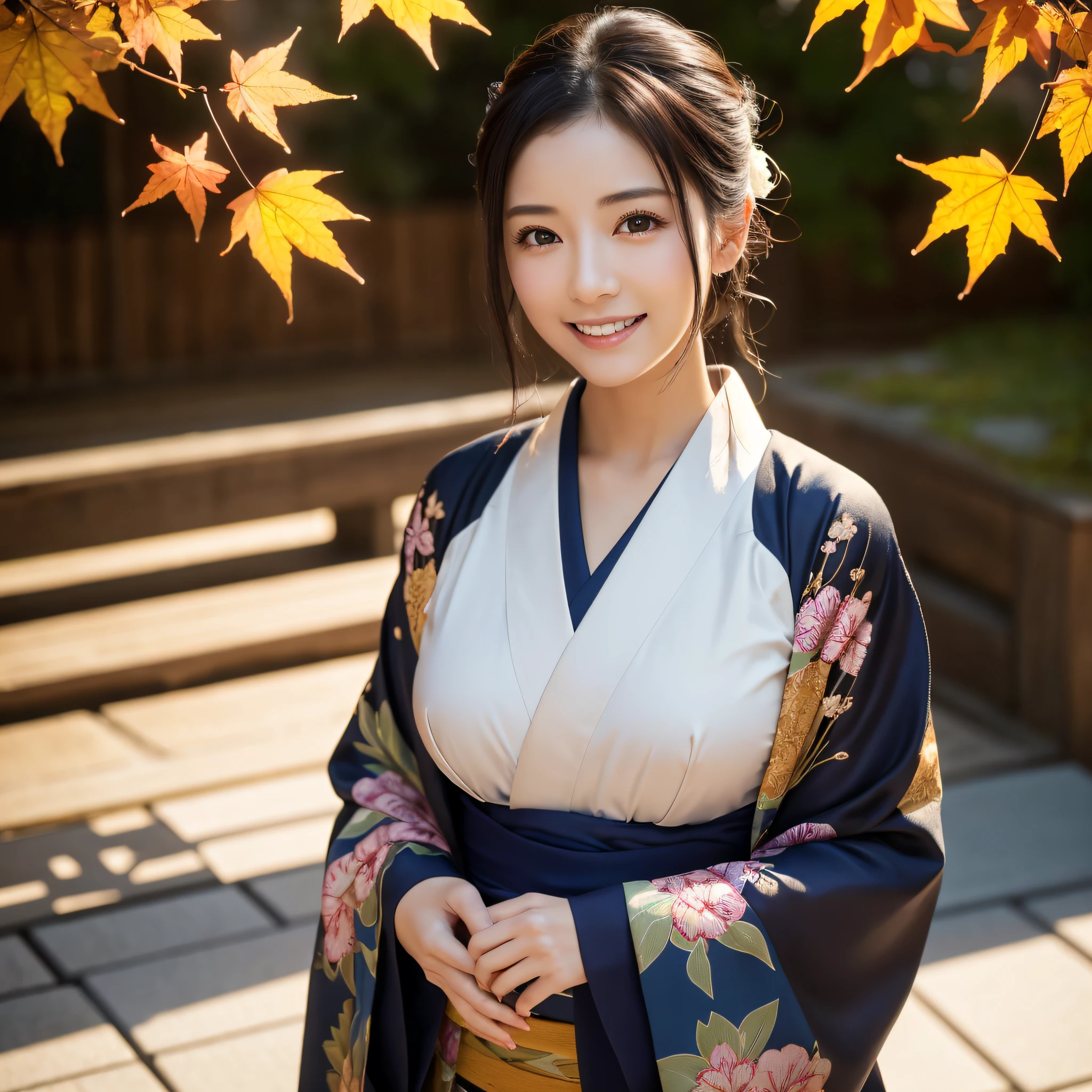(Super beautiful woman in kimono)、((best qualtiy、8k masterpieces:1.3))、foco nítido:1.2、(ultra beautiful faces:1.0)、(shinny skin:1.0)、photos realistic、A dark-haired、Video Lighting、High-definition eyes and face、Video Lighting、Japanese actressl、from the front side、medium breasts、With a happy smile、wearing kimonos、Under the autumn leaves、highest grade obi