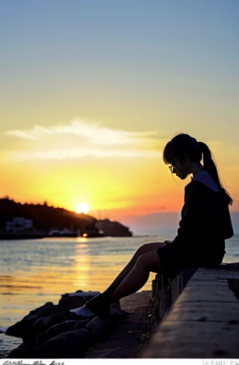 Girl playing the cello、AngelT、Angle of view from diagonally below、Melancholy expression、Sad look、Crying face、Dark face、feels like the end of the world、Face seen from above、A face illuminated by a beautiful sunset、twintails hairstyle、on a fishing boat、The twintails are tied with a red ribbon.、evening、Black-rimmed glasses, black twintail hair, Playing the cello、Japanese high school  girl,  Oblique eyebrows, Single eyelid , Sad face, Full body photo、not any dressed、Reflecting the whole body、Autumn beach、Wear socks、looking distantly、Evening glow、Face illuminated by the setting sun、a gloomy、Sundown、Toes are visible、playing the cello on a fishing boat、On a fishing boat
