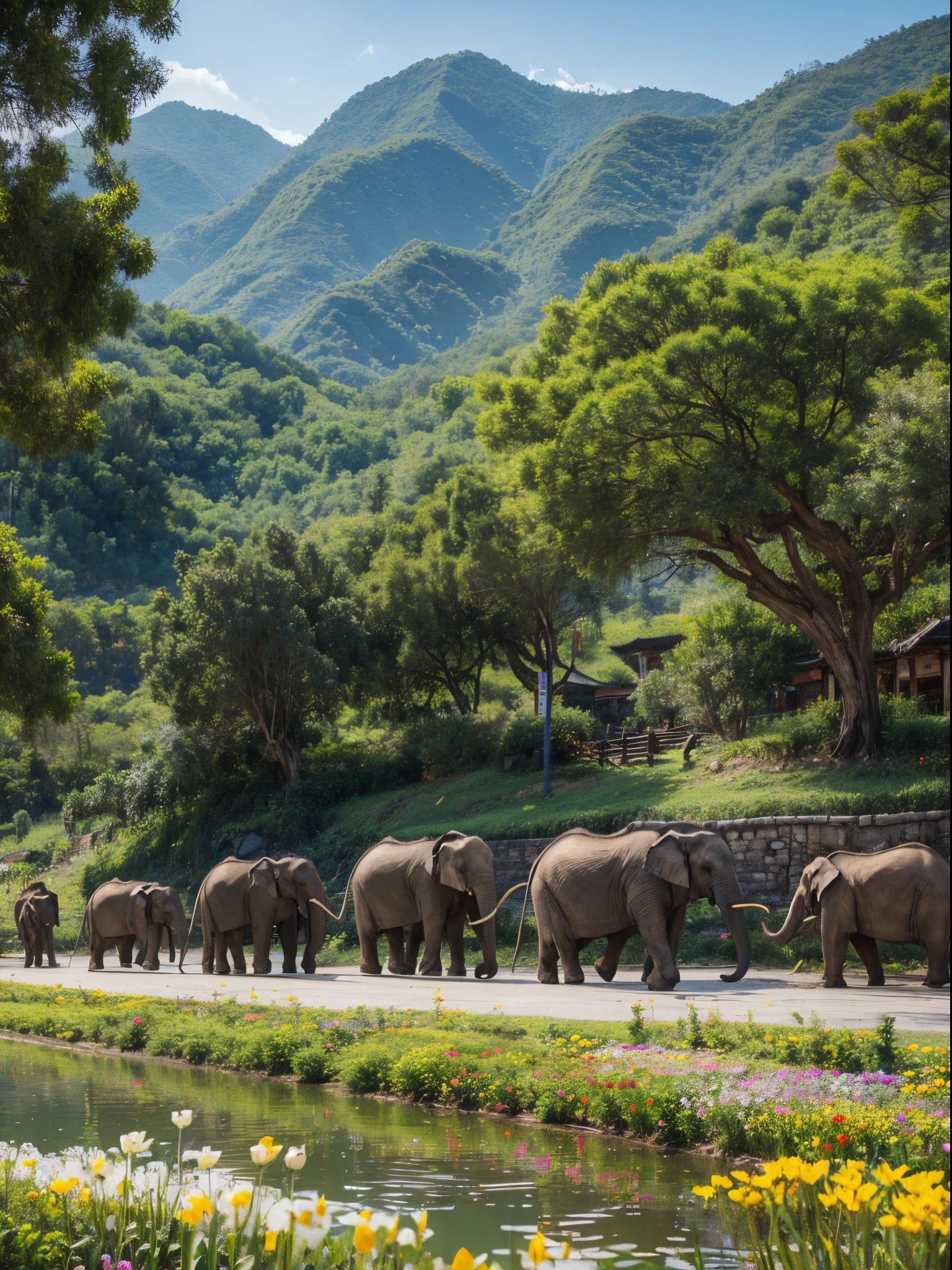 Yunnan city scenery,fresh flowers,elephants,National figures,HD 4K,the detail,Purely hand-drawn,
