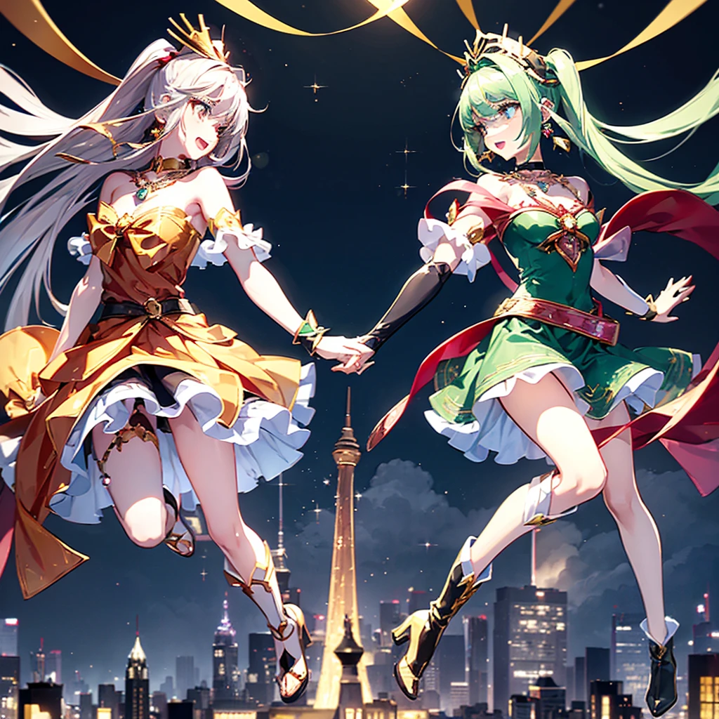 two girls are magic wizards, Dynamic action, trick angle art, (face and appearance are different、It is asymmetrical:1.4), (Main theme Magical Girl Wars:1.3), Whimsical Magical Girl Enchantress, Layered dress imitating magical gift branches, Ornaments and baubles as decorative accents, Create a magical touch with metallic or sparkly fabrics, Add contrast with a tinsel belt that cinches your waist, Decorative earrings and necklaces to create a festive atmosphere, Strappy heels or boots in metallic shades, A headpiece reminiscent of a Christmas gift topper, Hair decorated with fake garlands and small ornaments, red and green glitter makeup (Aerial city background:1.2)