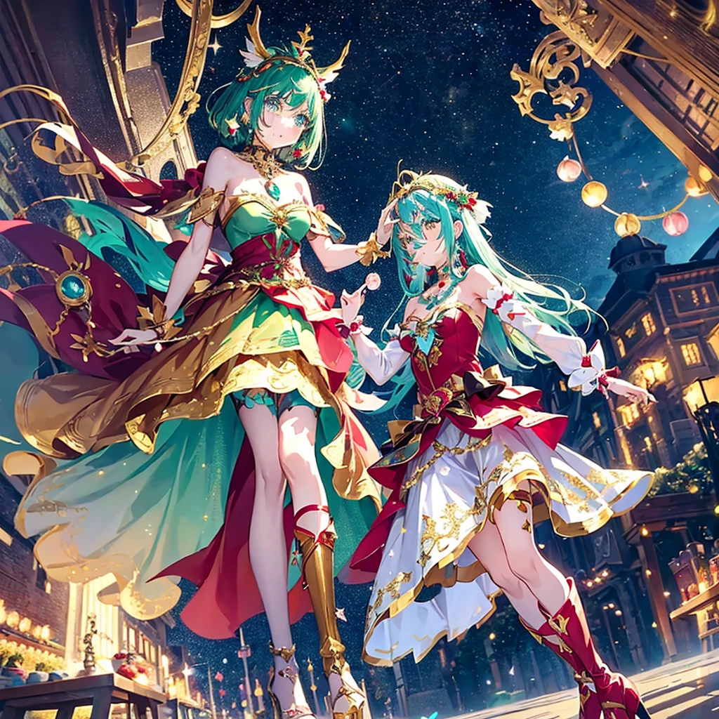 two girls are magic wizards, Dynamic action, trick angle art, (face and appearance are different、It is asymmetrical:1.4), (Main theme Magical Girl Wars:1.3), Whimsical Magical Girl Enchantress, Layered dress imitating magical gift branches, Ornaments and baubles as decorative accents, Create a magical touch with metallic or sparkly fabrics, Add contrast with a tinsel belt that cinches your waist, Decorative earrings and necklaces to create a festive atmosphere, Strappy heels or boots in metallic shades, A headpiece reminiscent of a Christmas gift topper, Hair decorated with fake garlands and small ornaments, red and green glitter makeup (Aerial city background:1.2)