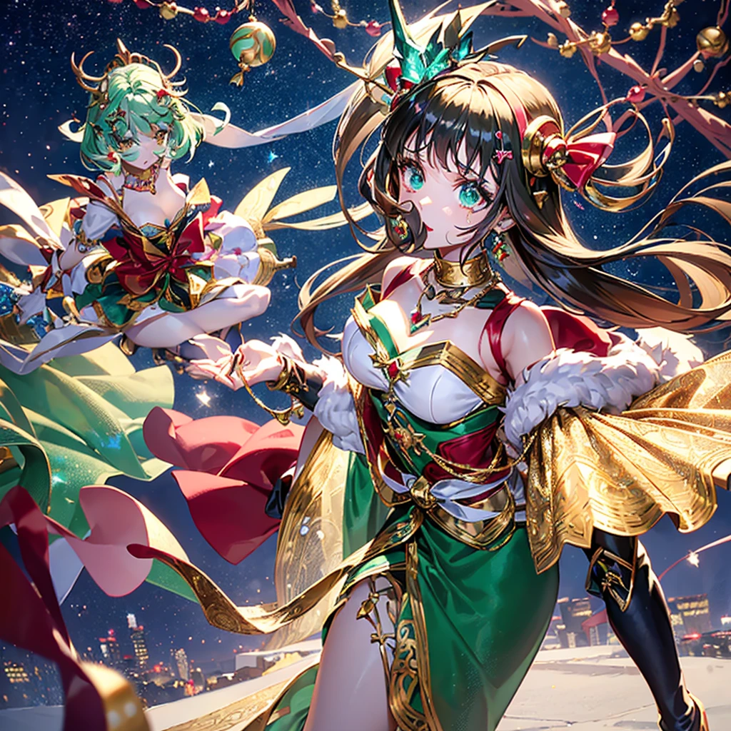 two girls are magic wizards, Dynamic action, trick angle art, (face and appearance are different、It is asymmetrical:1.4), (Main theme Magical Girl Wars:1.3), Whimsical Magical Girl Enchantress, Layered dress imitating magical gift branches, Ornaments and baubles as decorative accents, Create a magical touch with metallic or sparkly fabrics, Add contrast with a tinsel belt that cinches your waist, Decorative earrings and necklaces to create a festive atmosphere, Strappy heels or boots in metallic shades, A headpiece reminiscent of a Christmas gift topper, Hair decorated with fake garlands and small ornaments, red and green glitter makeup (Aerial city background:1.2)