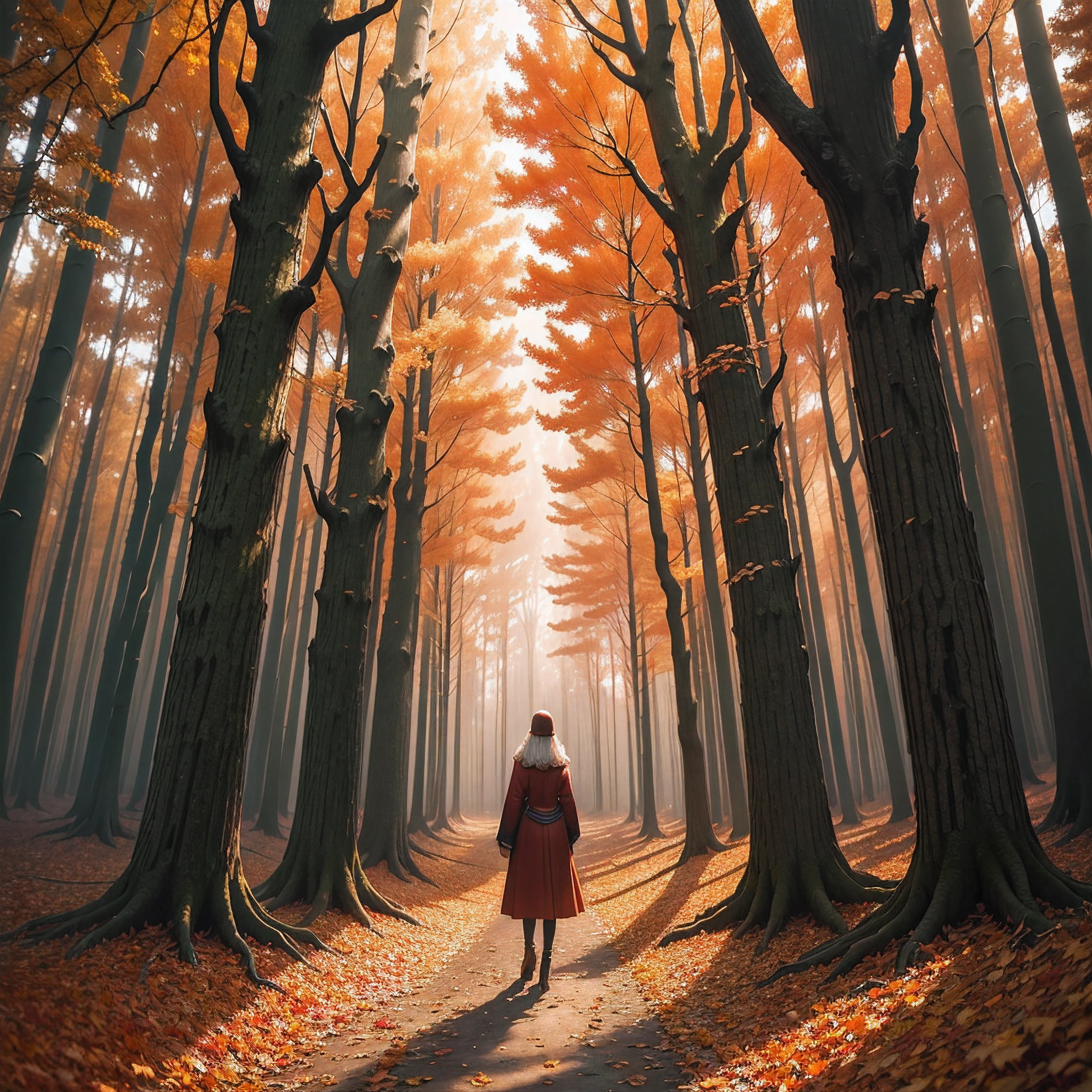 The album cover transports viewers into a magical autumn forest. Imagine a scene with tall, majestic trees adorned with vibrant foliage in shades of red, orange, and gold. The forest floor is covered with fallen leaves, and a soft, diffused light permeates through the branches, creating a tranquil and enchanted atmosphere.