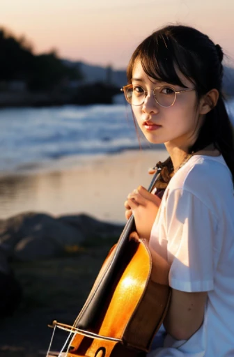 Girl playing the cello、AngelT、Angle of view from diagonally below、Melancholy expression、Sad look、Crying face、Dark face、feels like the end of the world、Face seen from above、A face illuminated by a beautiful sunset、twintails hairstyle、On a fishing boat、The twintails are tied with a red ribbon.、evening、Black-rimmed glasses, black twintail hair, Playing the cello、Japanese high school girl, Oblique eyebrows, Single eyelid , Sad face, Full body photo、not any dressed、Reflecting the whole body、Autumn beach、Wear socks、looking distantly、Evening glow、Face illuminated by the setting sun、a gloomy、Sundown、Toes are visible、playing the cello on a fishing boat、On a fishing boat、