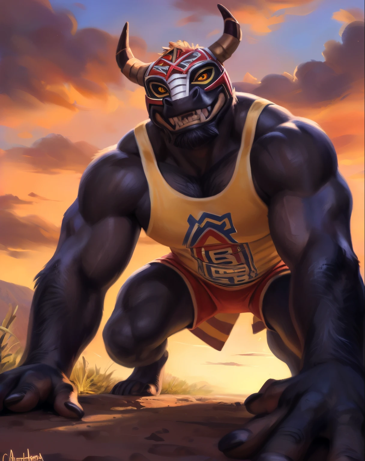 (best quality, highres, ultra-detailed, realistic),
detailed colored drawing, muscular humanoid shiny umbreon hybrid, blue details, luchador mask, fused with his body, fury and cunning eyes, naked torso, dark luchador latex brief, skin with dark tone and visible lines resembling the mask seams, on stage, inside wrestling dome