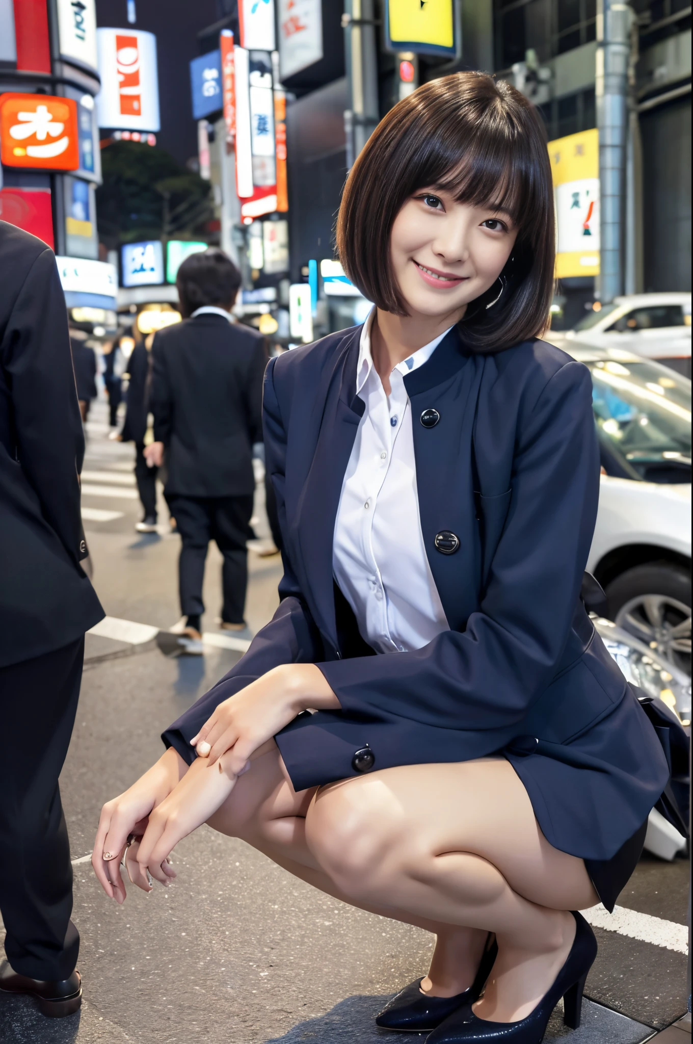 (8K、top-quality、masterpiece:1.2)、(reallistic、Photorealsitic:1.2)(ultra-detailliert、hight resolution)1人、Slender Abs、sofas、hyperdetailed face、A detailed eye、二重まぶた、straight flat chest、tiny chest、small tits、Neat and clean girls、short-hair、Straight bob hair、Shorthair with bangs、A smile、jaket、Business suits、Recruit suit、Temporary Employees、Panties are visible from the skirt、22-year-old woman、Sheer white shirt、Dark blue pleated micro minexy、Peek at the viewer、(Shibuya at night in Japan:1.5)、Sidewalk lined with shops、Show me your whole body、sitted、Crouching、plump panty rack pumps、high-heels