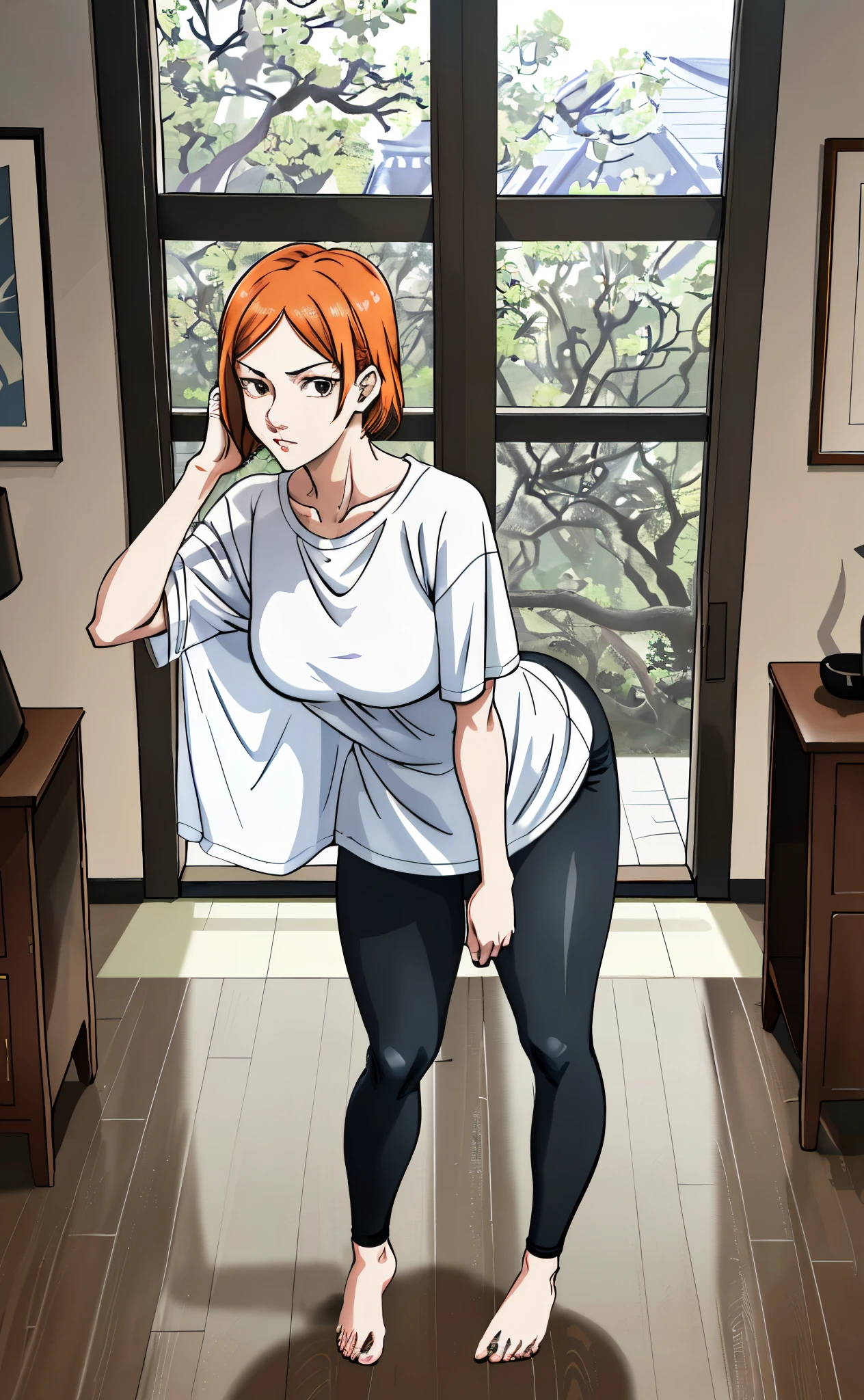 [nobara kugisaki], [jujutsu kaisen], ((masterpiece)), ((HD)), ((high reeautiful render art)), ((solo portrait)), ((front view)), ((full body)), ((anime)), ((detailed shading)), ((intricate details)), {attractive woman, (slim figure), cute brown eyes, short orange hair, short eyelashes, (curvy hipeautiful lipeautiful legeautiful feet), (beautiful legpressionless)}, {(over-sized white tee shirt), (black yoga pants)}, {(standing), (hands behind head), (looking at viewer)}, [Background; (living room), (window), (blue sky), (ambient lighting)]