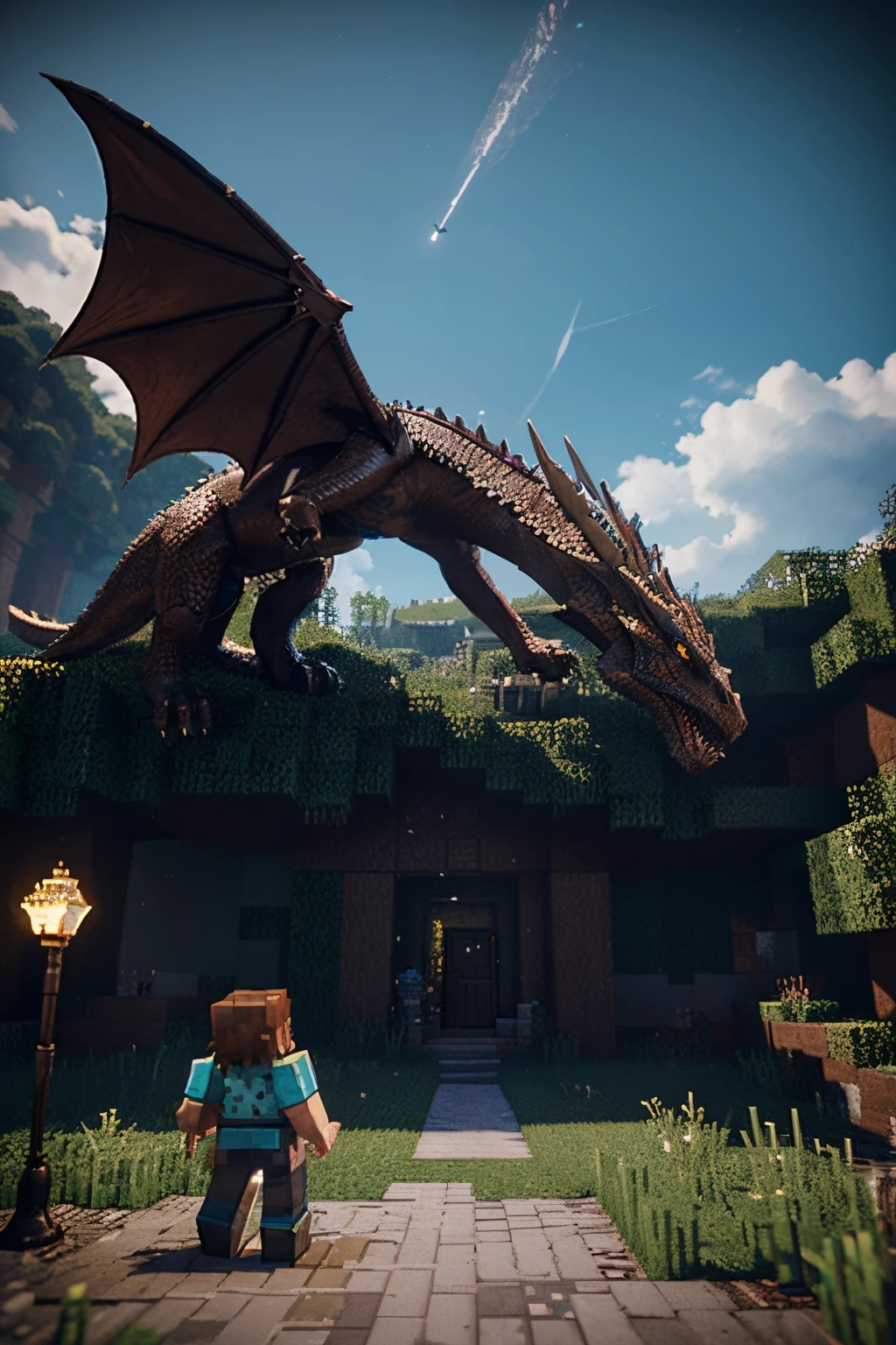 A Minecraft player facing an End dragon in an epic battle, Arte em 3D, epic style, inspirado por Dream, pixiv, Detalhado, emocionante, Sombrio, intense illumination