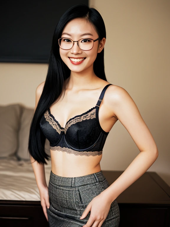asian, glasses, sexy bra, pencil skirt, smile, sexy butt