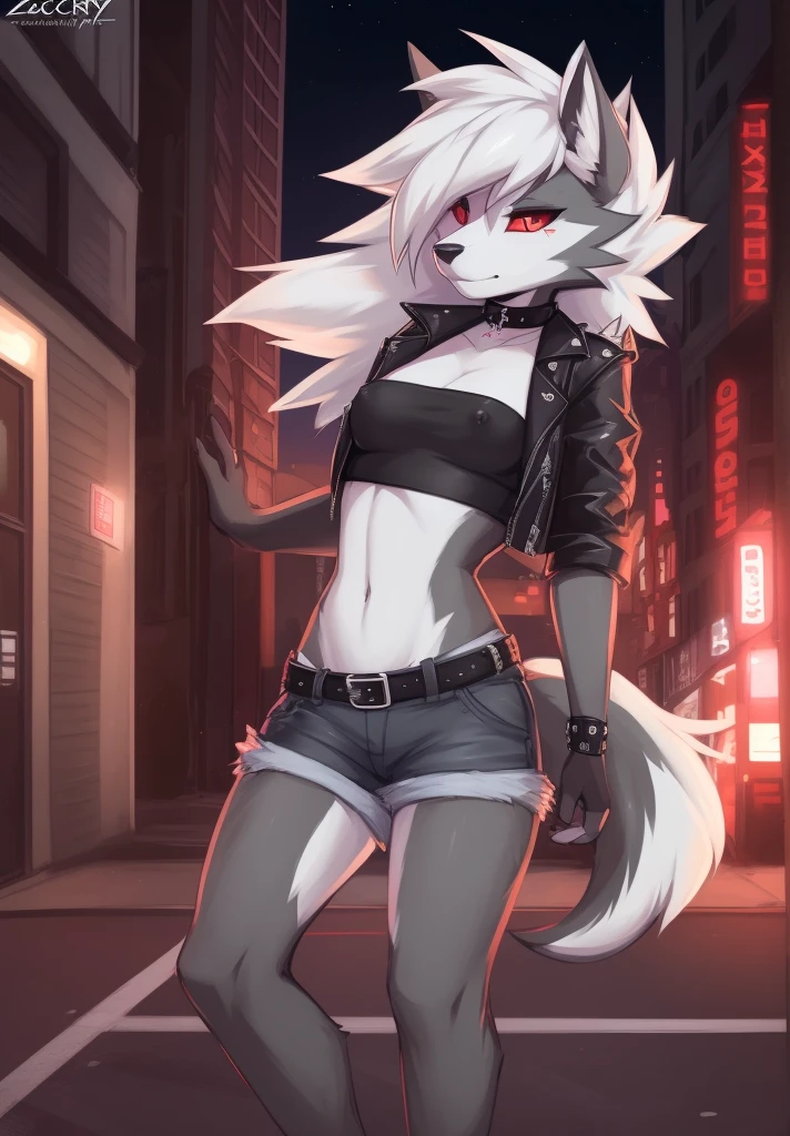 zackary911, by zackary911, anthro, lycanroc, hellhound, ((dark grey fur)), female, solo, 1woman, ((very small breasts)), ((tiny breasts)), denim shorts, ((tube top)), ((leather jacket)), husky tail, ((shaggy hair)), ((white hair)), on e621, choker, leather collar, detailed body, finely detailed eyes, finely detailed paws, punk style, female focus, ((nipple bump)), ((dark grey belly)), city street scene, red sclera, white pupils, digitigrade legs, full body