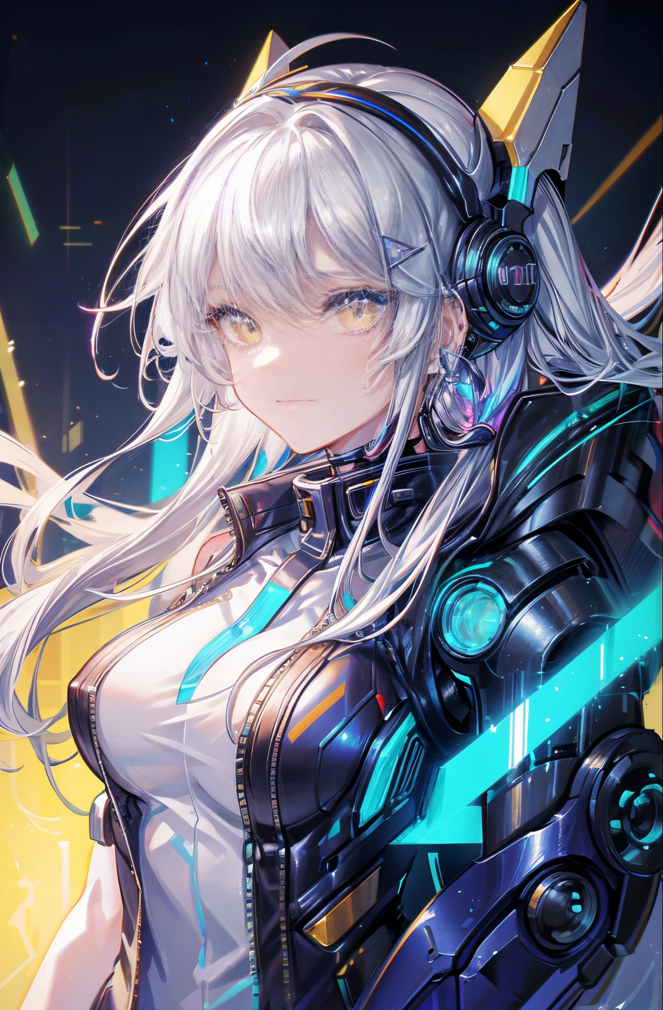 1 Girl, Solo, Colorful, Yellow Eyes, Cyberpunk, Mechanical Scrap Zone, Cityscape, Stud Earrings, Long Messy White Hair, Mechanical Hat, Mechanical Body, Robotic Arm, Mecha, Robot, Mechanical Maiden, Neon Lights, Beautiful Lights, Character Focus, CG Illustration, Bust Shot, 8k Resolution, Very Detailed, Anatomically Correct, Digital Painting, Concept Art, Clear Picture