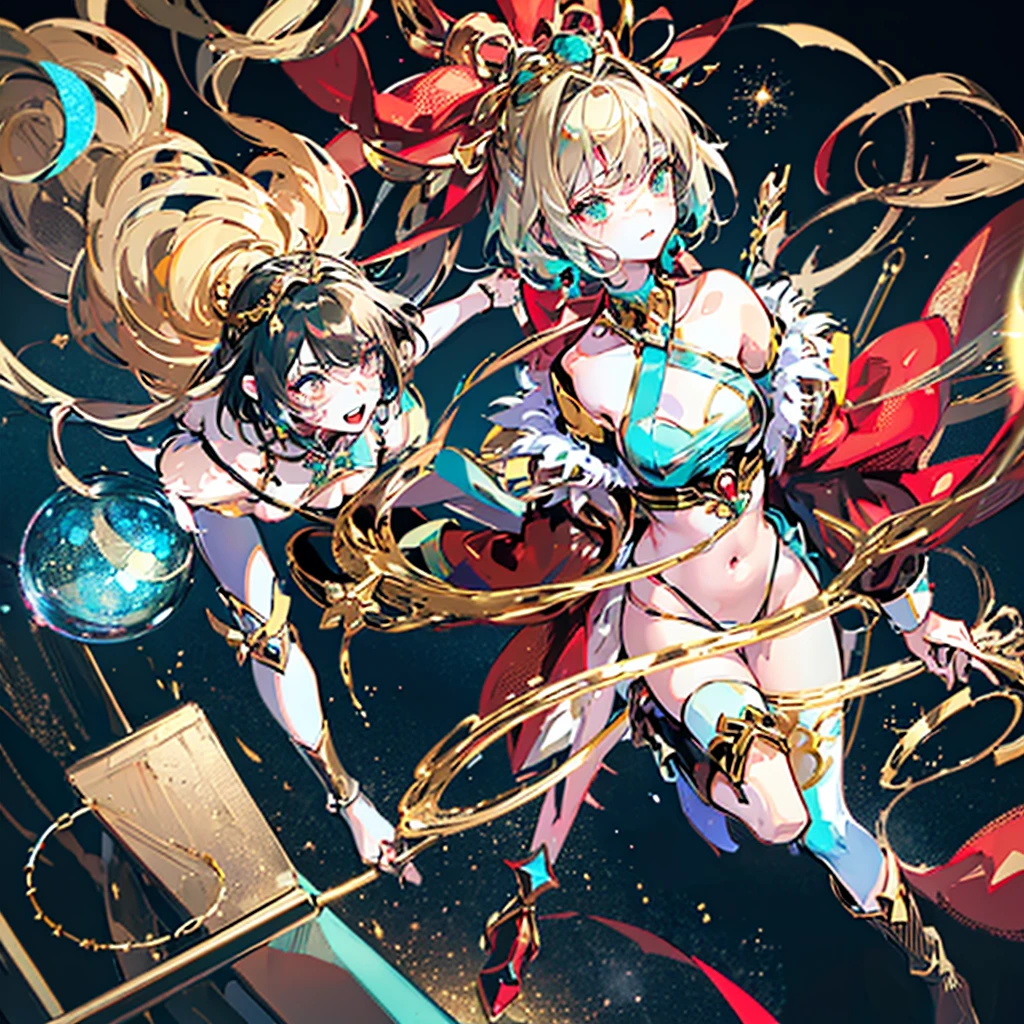 (NSFW, Almost naked costume), twins girls are magic wizards, Dynamic action, trick angle art, (face and appearance are different、It is asymmetrical:1.4), (Main theme Magical Girl Wars:1.3), Whimsical Magical Girl Enchantress, Layered dress imitating magical gift branches, Ornaments and baubles as decorative accents, Create a magical touch with metallic or sparkly fabrics, Add contrast with a tinsel belt that cinches your waist, Decorative earrings and necklaces to create a festive atmosphere, Strappy heels or boots in metallic shades, A headpiece reminiscent of a Christmas gift topper, Hair decorated with fake garlands and small ornaments, red and green glitter makeup (Aerial city background:1.2)