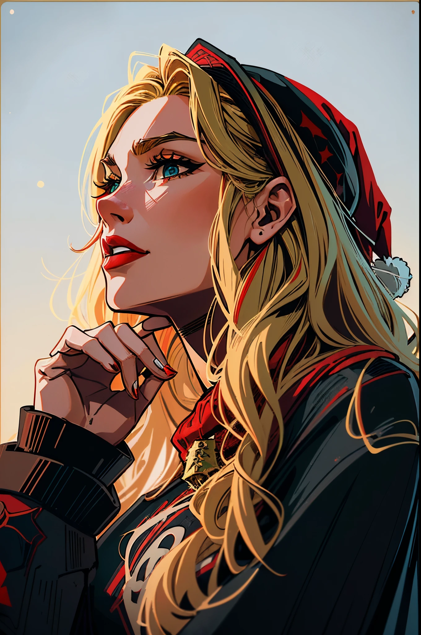 arafed woman with long hair and a black sweatshirt looks off into the distance,((young people:1.5)), ((Beautiful Hardcore Illustration homepage illustration style:1.2)),dark,((Red Christmas Hat:1.5)), high resolution, ((hard touch illustration:1.2, strong outline,Christmas style, Christmas fashion, 8k, ((American comic style:1.2)), colorful background, Hiroyuki Nagasaka, aggressive, beautiful face, cool beauty,beauty style, red color, battle, Hard illustration, blond colored hair, backwards,