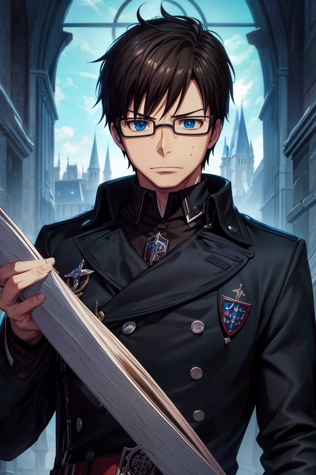 masterpiece, best quality, , 1boy, solo, male focus, looking at viewer, , , yukio_okumura, black hair, blue eyes, glasses, , A dark, foreboding castle where a wicked queen reigns, HD-DVD