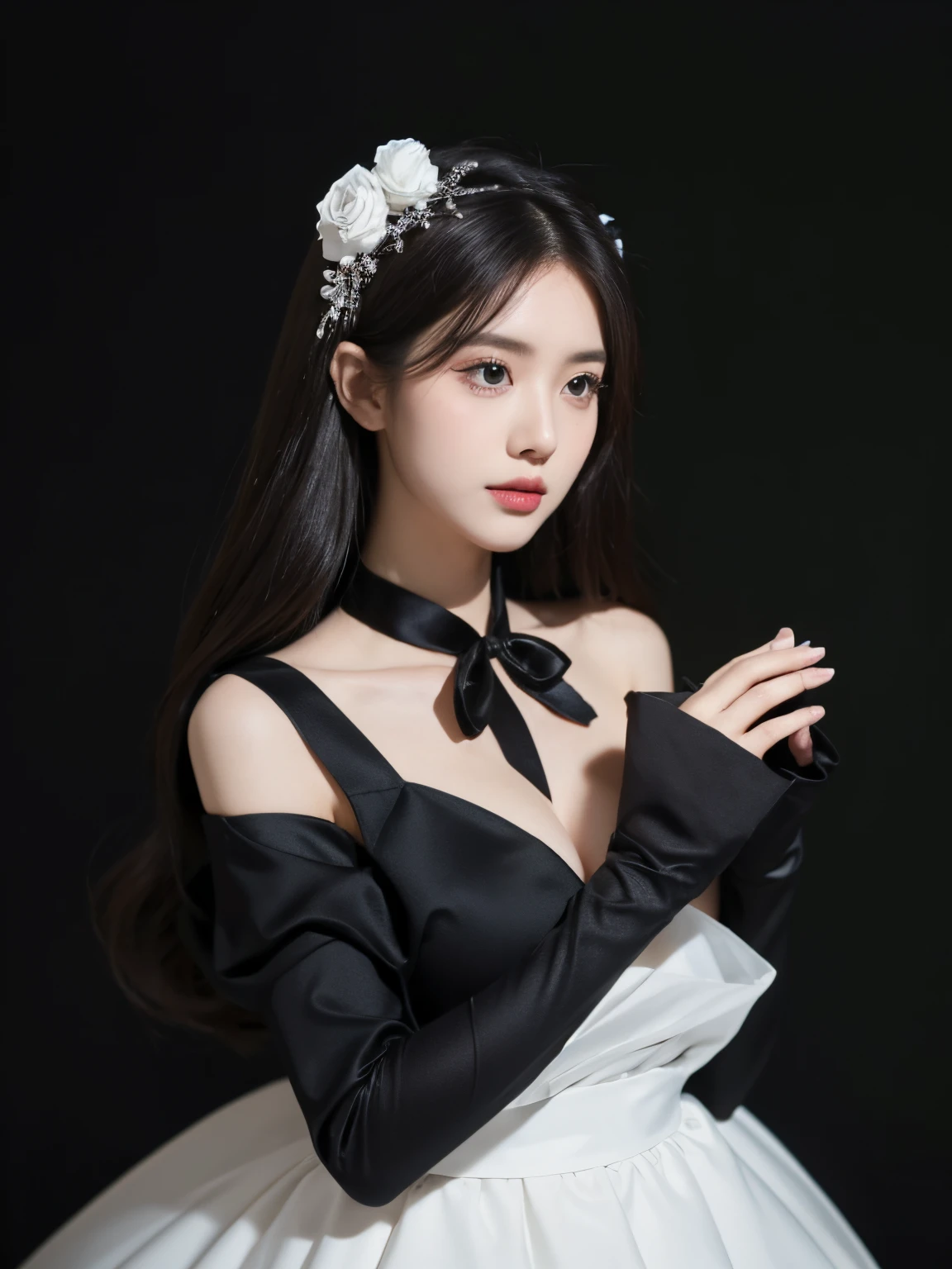 ((tmasterpiece, Best quality at best)),Best aesthetics,1个Giant Breast Girl, Alone, long whitr hair, Black dress, florals, ribbons, with black background, brunette color hair, rosette, shairband, green-eyed, longer sleeves, Rose blanche, Keep your mouth shut, black ribbon, The upper part of the body, 电影灯光