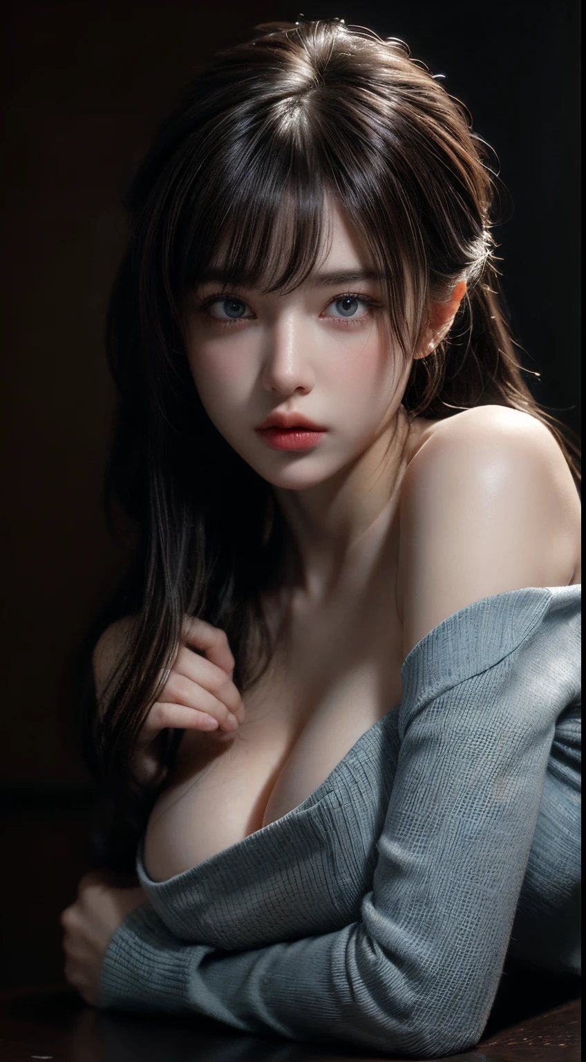 ((Best Quality, 8K, Masterpiece: 1.3)),((Hasselblad photo)), finely detailed skin, clear focus, (cinematic lighting), soft lighting , Beautiful Woman , (Random Hairstyle: 1.2), Ultra-detailed face, Glossy skin, Bangs, big boob , Exposed cleavage, blue Eyes, ((Dark background)), looking at viewer, off shoulder, black sweater, sharp face, open mouse, long bang,