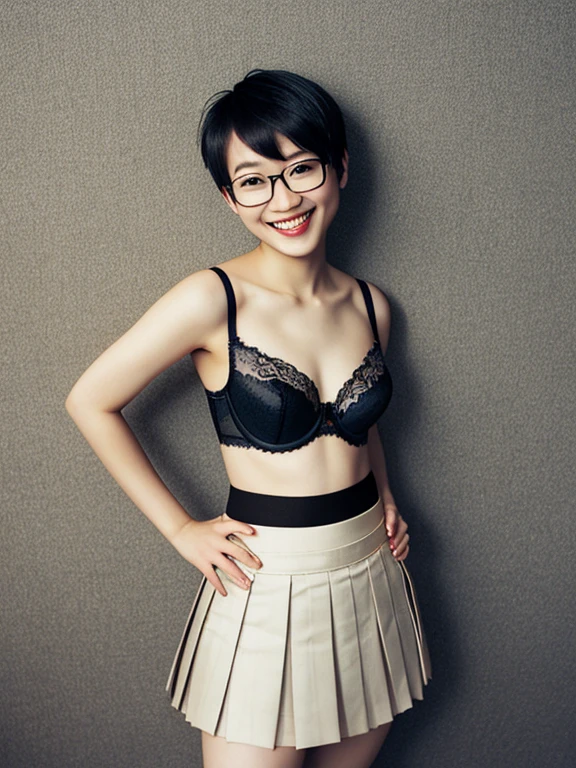 asian, glasses, sexy bra, pleated skirt, smile, sexy butt, short hair