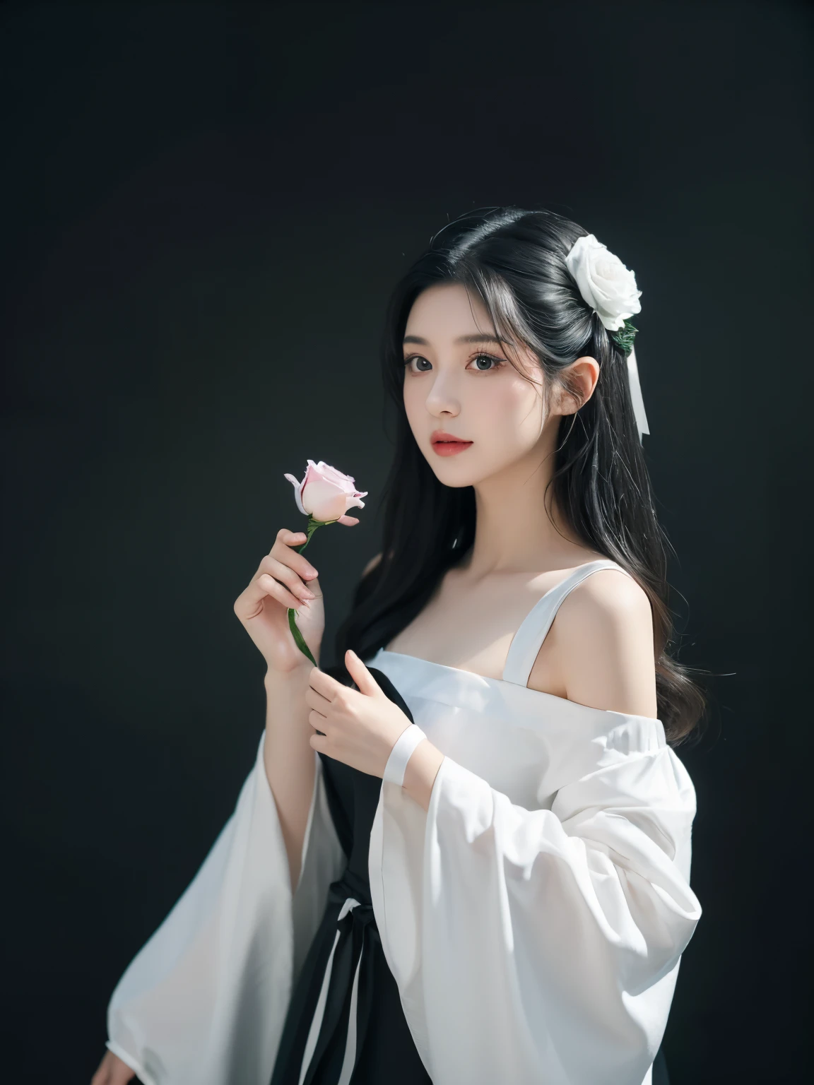 ((tmasterpiece, Best quality)),Best-aesthetic,1 sister, Alone, Long gray hair, Black dress, Flowers, ribbons, with black background, black hair color hair, rosette, shairband, Green-eyed, longer sleeves, Rose blanche, shut up, black ribbon, upper part of body, 电影灯光