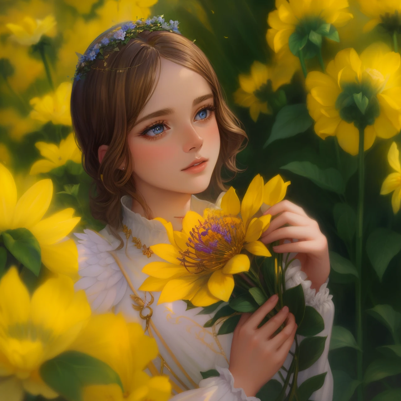 Painting &quot;Woman with wings in a flower field&quot;, Portrait of a Beautiful Angel, Emma Watson as Angel, full - body majestic angel, Angel, tall female angel, Beautiful angel woman, A Beautiful Angel, Tom Bagshaw Donato Giancola, Full of pictures of angels, Beautiful Angel, an angel of the dawn light, Goddess in the Field of Flowers,  blue-eyed