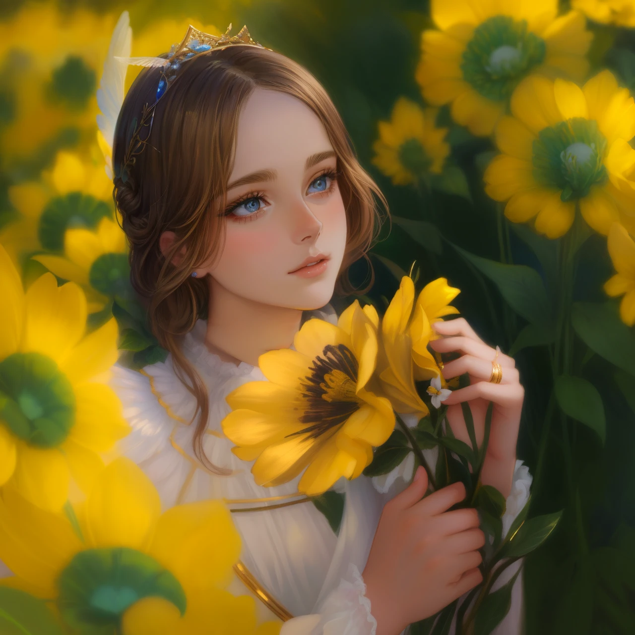 Painting "Woman with wings in a flower field", Portrait of a Beautiful Angel, Emma Watson as Angel, full - body majestic angel, Angel, tall female angel, Beautiful angel woman, A Beautiful Angel, Tom Bagshaw Donato Giancola, Full of pictures of angels, Beautiful Angel, an angel of the dawn light, Goddess in the Field of Flowers, blue-eyed
