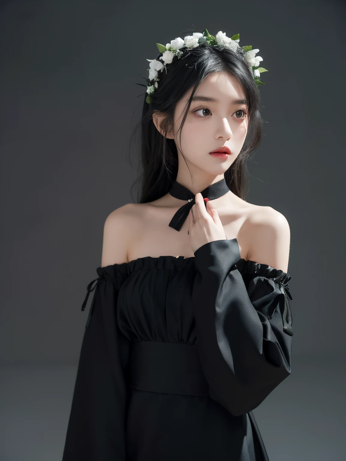 ((tmasterpiece, Best quality)),Best-aesthetic,1 sister, Alone, Long gray hair, Black dress, Flowers, ribbons, with black background, black hair color hair, rosette, shairband, Green-eyed, longer sleeves, Rose blanche, shut up, black ribbon, upper part of body, 电影灯光