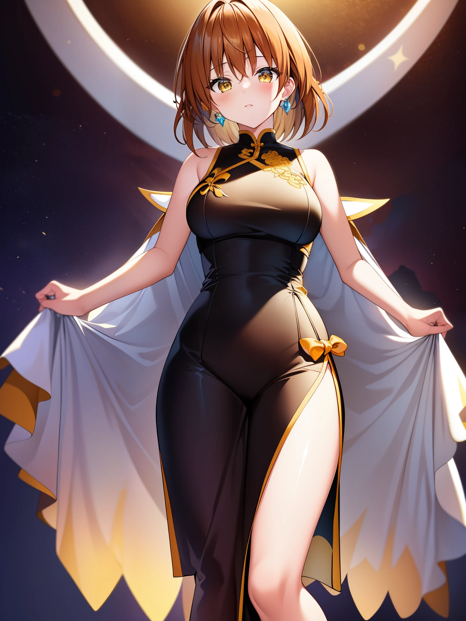 (hyper extreme detailed),(masterpeace),(hyper extreme),(photorealistic),CG,(colour:1.1), beautiful lighting,light from the front,solo,1girl, full body,  yuusaki_riko,orenge hair,short hair,messy hair,yellow eyes, China Dress