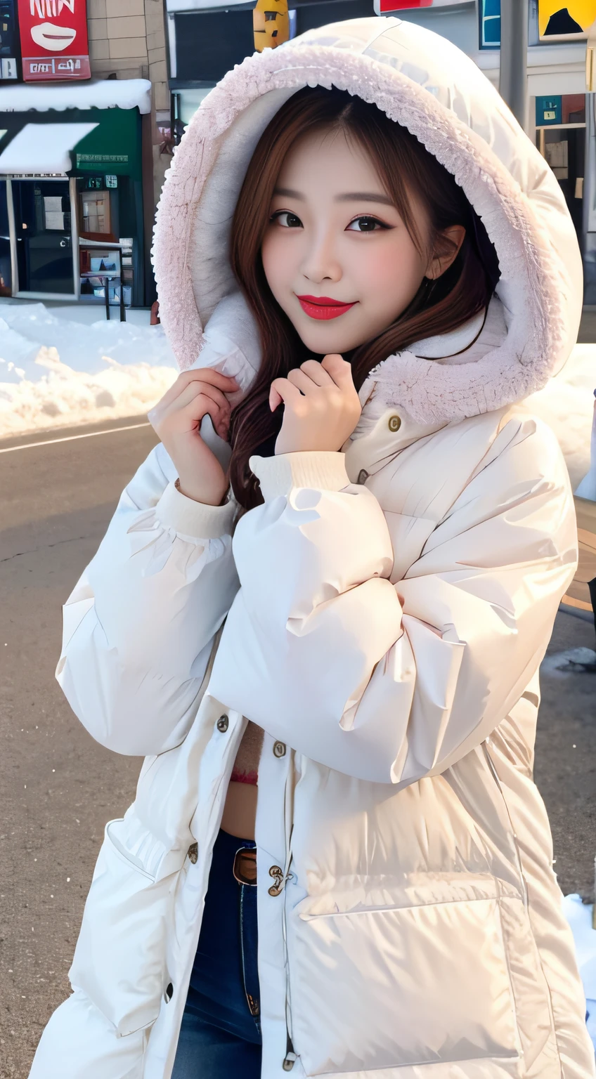 Best quality, 4K, 8K, Detailed faces,fully body photo，placed in a，Clear face, Pure girl, Korean makeup, Redlip, Smilingly, perfect body figure,shoulder-length short hair,small,legs long,Slim,thin, Girl wearing long and wide fur coat, The jacket has a top tube and a hood underneath, lower abdom, snow landscape, the street,Put your hands inside your coat