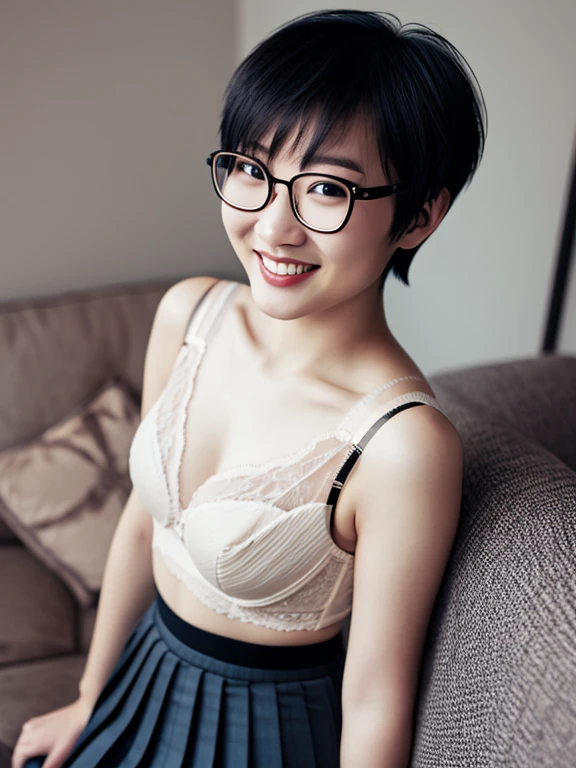 asian, glasses, topless, pencil skirt, smile, sexy pose, short hair