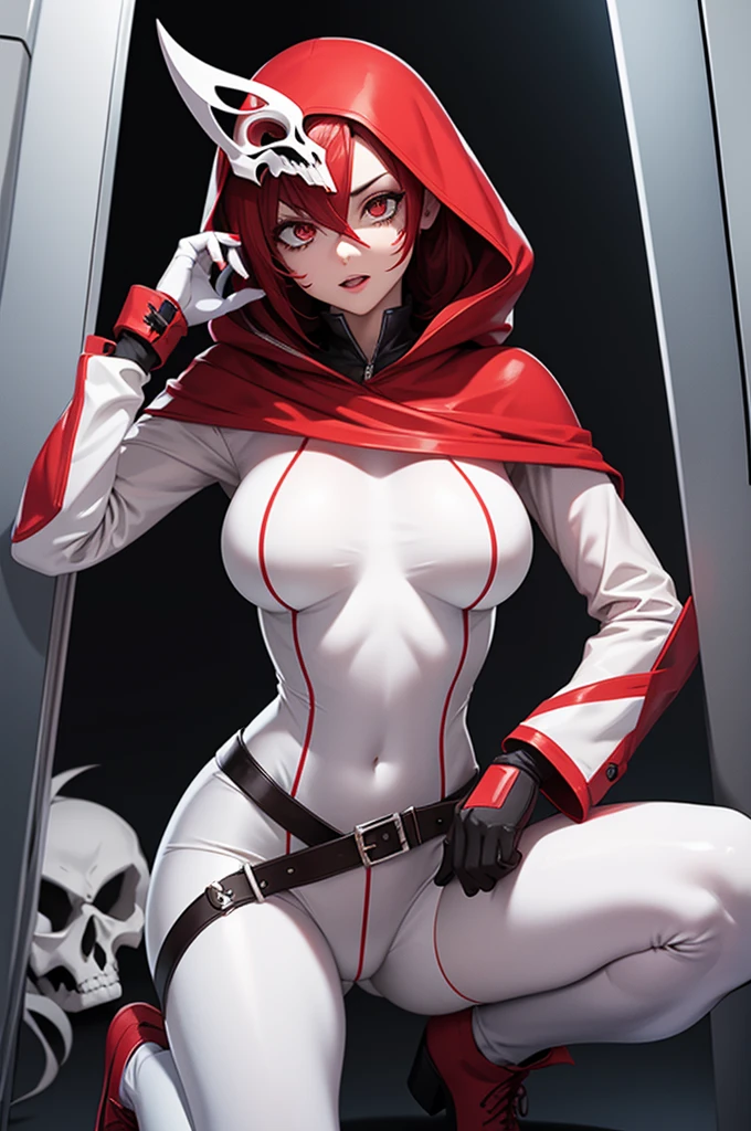 Zombie Poker card girl, Full white skin, White bodysuit, red heart on her breast, long red gloves, long red boots, Long red hair, Black hollow eyes, Red hood over head, Skull mask over face.