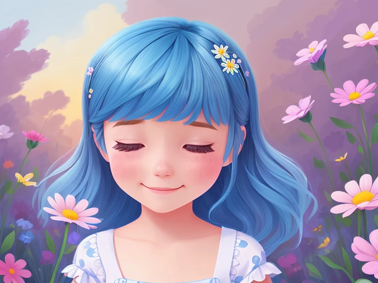 very cute illustration for a children's picture book,The magical flowers brought joy and beautiful dreams to everyone.,blue hair, Digital Painting, by Pixar style