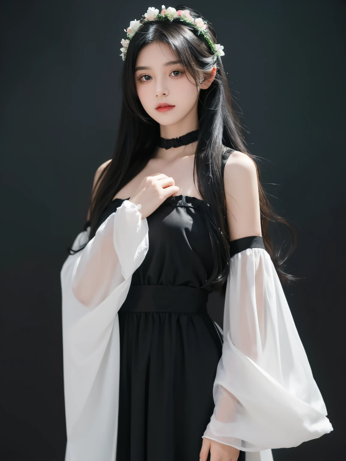 ((tmasterpiece, Best quality)),Best-aesthetic,1 sister, Alone, Long gray hair, Black dress, Flowers, ribbons, with black background, black hair color hair, rosette, shairband, Green-eyed, longer sleeves, Rose blanche, shut up, black ribbon, upper part of body, 电影灯光