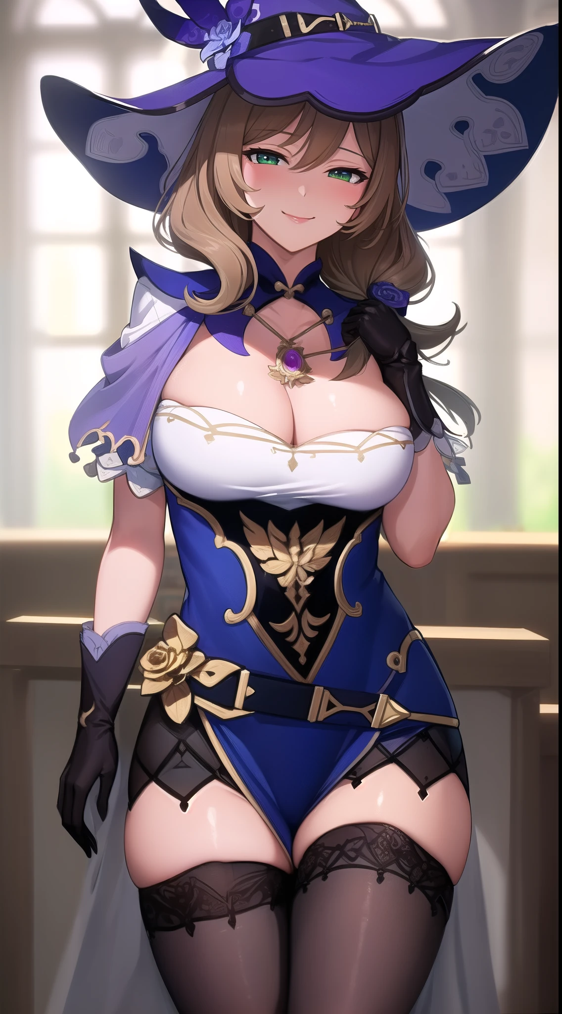 (best quality:1.5, highres, UHD, 4K, detailed lighting, shaders), lisadef, large breasts, crotch, thighs, sexy, hot, erotic, lewd, seductive, ecchi, cleavage, standing, pov, smiling, close shot, library background
