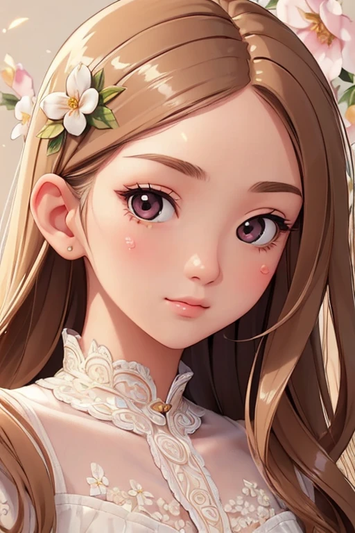 (masterpiece, bestquality:1.4)bestquality, high-detail, (detailed face), Detailed and beautiful, aesthetic, thorough, delicate, intricate:1.0),1 girl, kawaii, very long hair, soft ((glossy eyes)), sparks, floral, natural